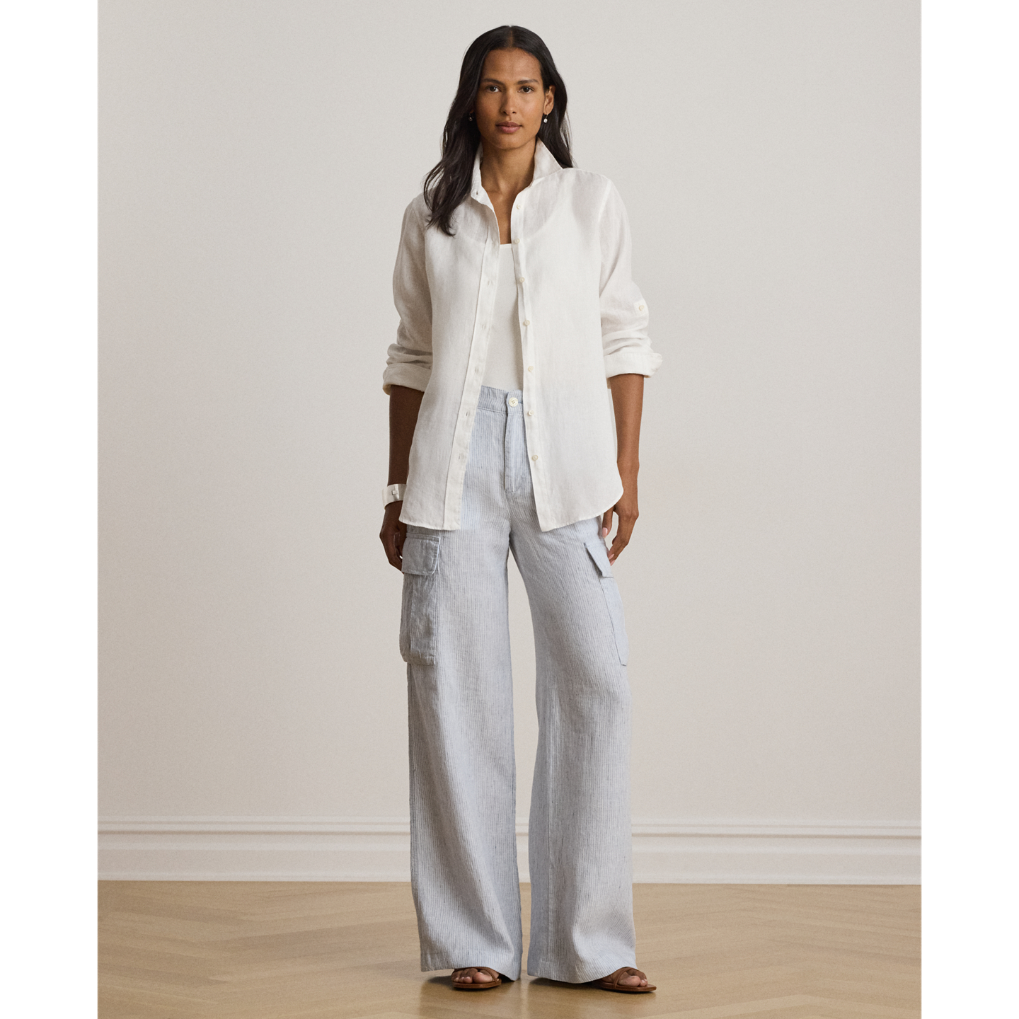 Женские брюки Ralph Lauren Pinstripe Linen Wide-Leg Cargo, цвет: Синий разноцветный — фото 4