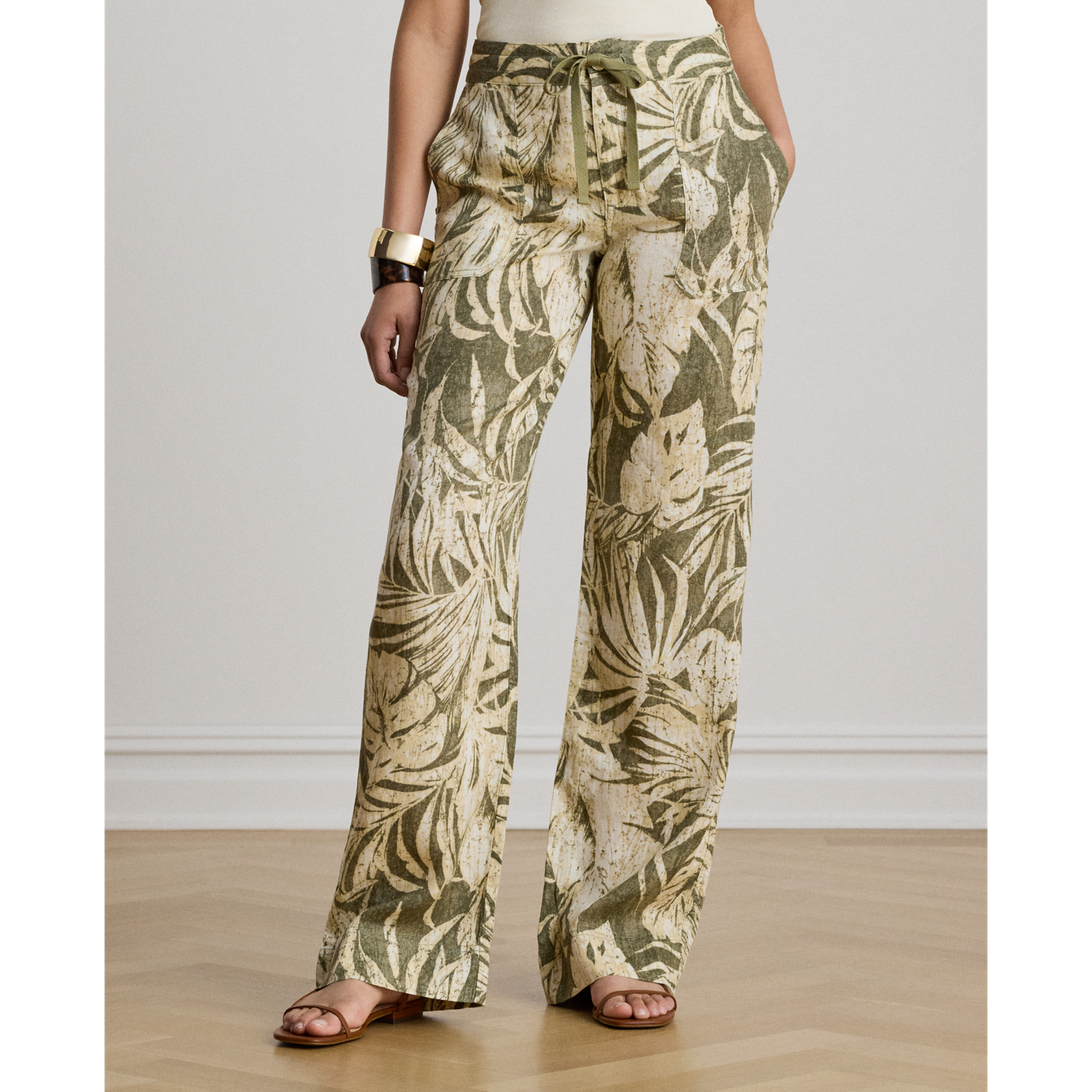 Женские брюки Ralph Lauren Palm-Frond-Print Linen Wide-Leg, цвет: Оливковый разноцветный — фото 1