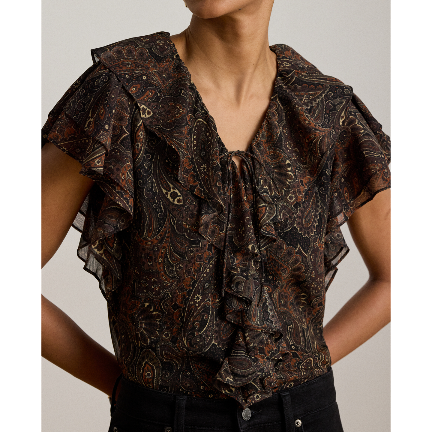 Женская блузка Ralph Lauren Paisley Ruffle-Trim Georgette, цвет: Чёрный разноцветный — фото 3