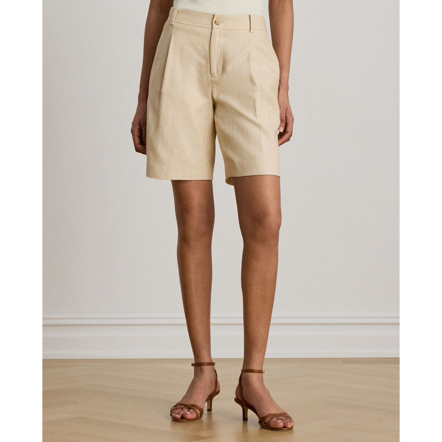Шорты Ralph Lauren Pleated Linen-Cotton Tweed Bermuda Short, цвет: Рыжевато-коричневый / Кремовый разноцветный — фото 1