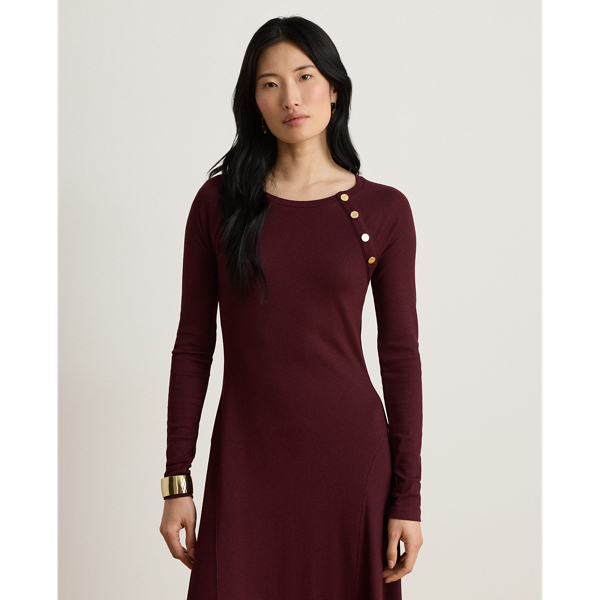 Dark Garnet Button-Trim Ribbed Cotton-Blend Dress Lauren Petite 4