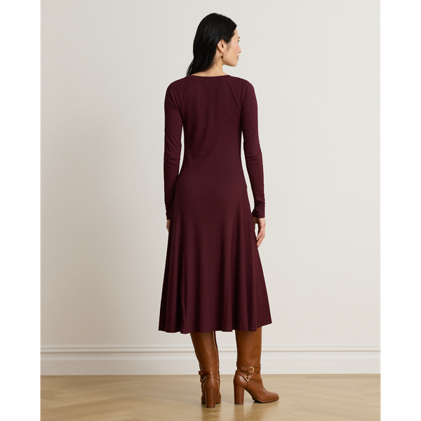 Dark Garnet Button-Trim Ribbed Cotton-Blend Dress Lauren Petite 5