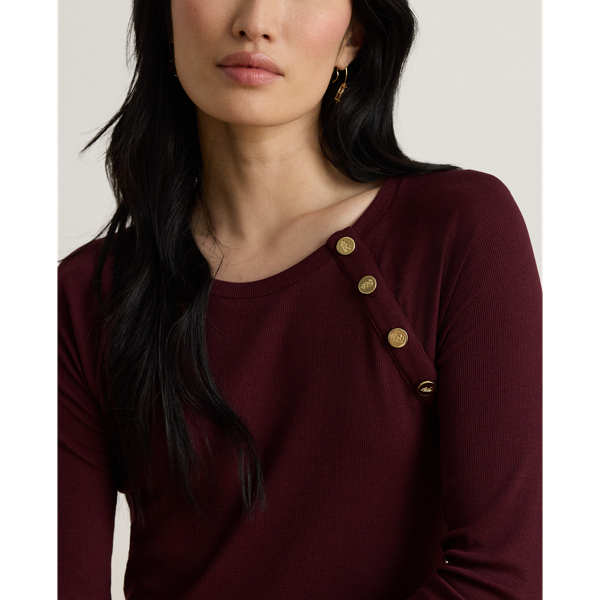 Dark Garnet Button-Trim Ribbed Cotton-Blend Dress Lauren Petite 6