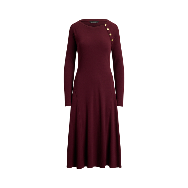 Dark Garnet Button-Trim Ribbed Cotton-Blend Dress Lauren Petite 2