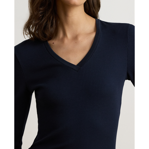 Lauren Navy Rib-Knit Long-Sleeve V-Neck Top Lauren Petite 6