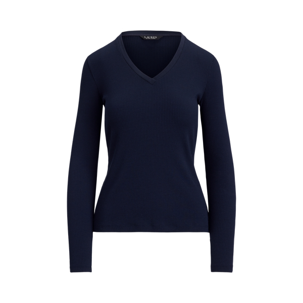 Lauren Navy Rib-Knit Long-Sleeve V-Neck Top Lauren Petite 2