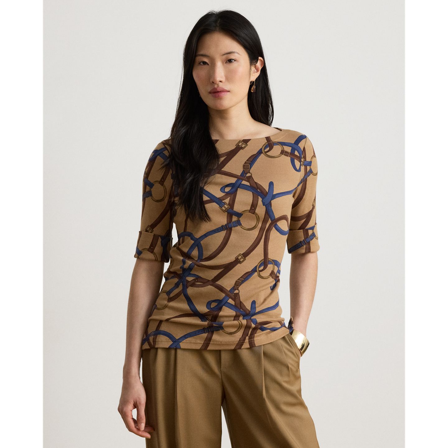 Женская футболка Ralph Lauren Belting-Print Cotton Boatneck, цвет: Верблюжий разноцветный — фото 5