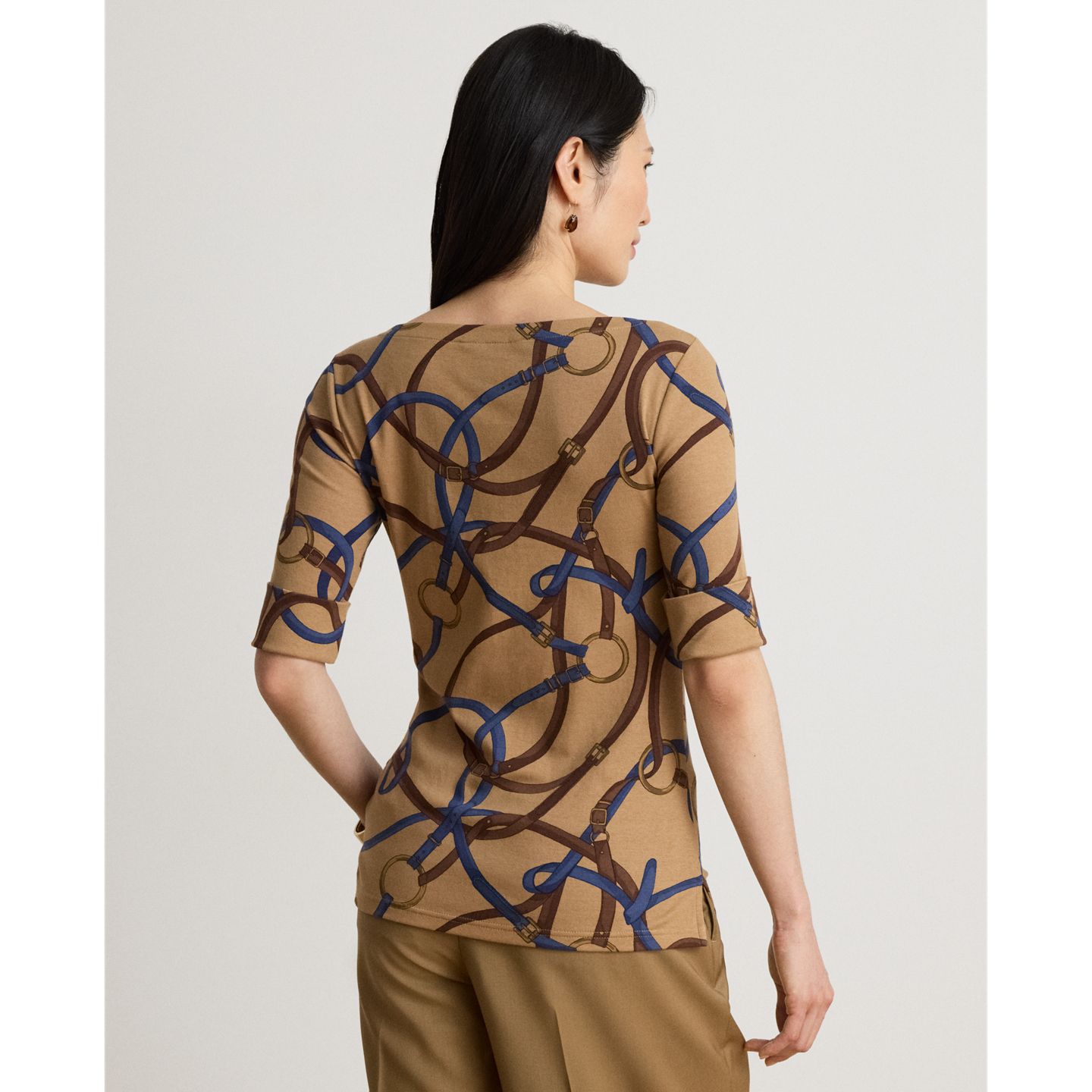 Женская футболка Ralph Lauren Belting-Print Cotton Boatneck, цвет: Верблюжий разноцветный — фото 2
