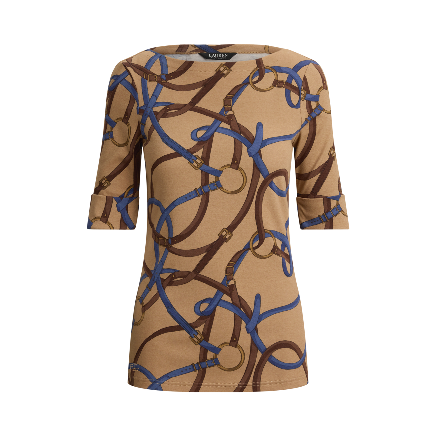 Женская футболка Ralph Lauren Belting-Print Cotton Boatneck, цвет: Верблюжий разноцветный — фото 6
