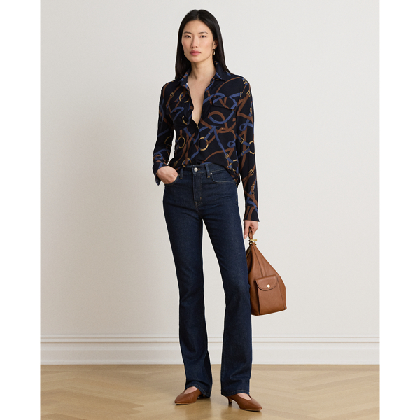 Navy Multi Belting-Print Stretch Jersey Shirt Lauren Petite 4