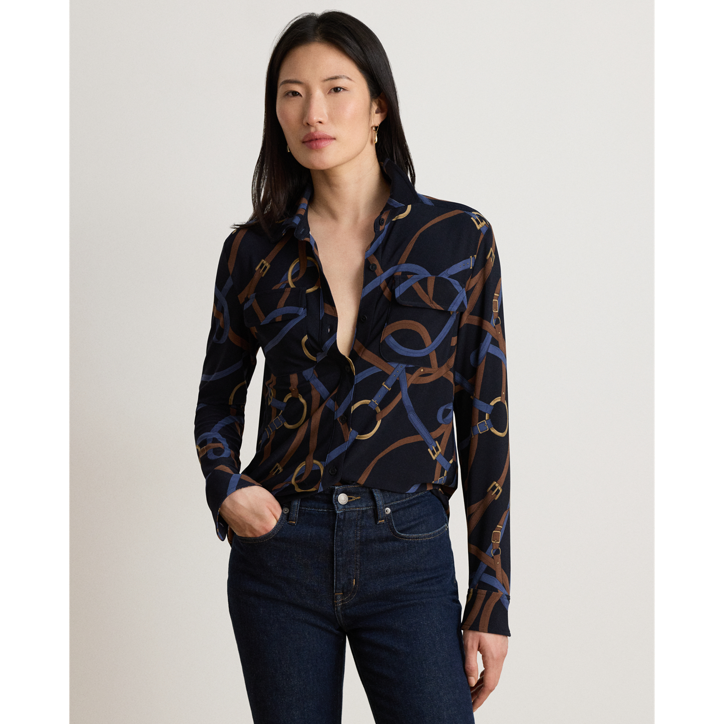 Женская рубашка Ralph Lauren Belting-Print Stretch Jersey, цвет: Тёмно-синий разноцветный — фото 4