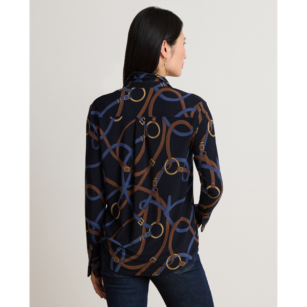 Navy Multi Belting-Print Stretch Jersey Shirt Lauren Petite 5