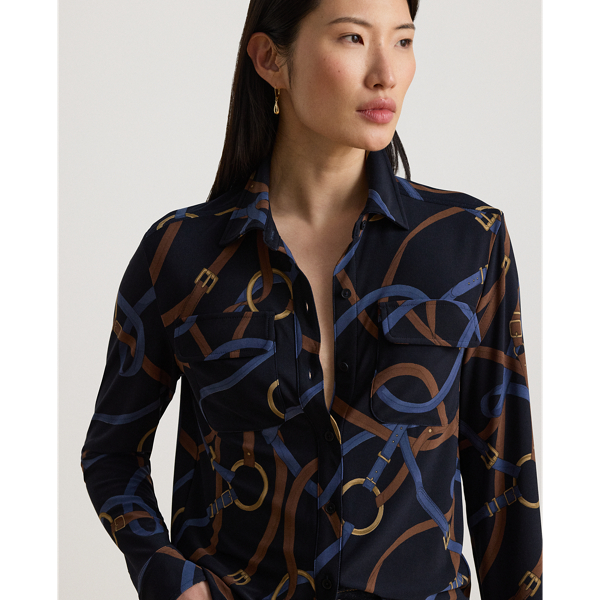 Navy Multi Belting-Print Stretch Jersey Shirt Lauren Petite 6