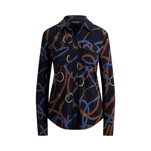 Navy Multi Belting-Print Stretch Jersey Shirt Lauren Petite 2