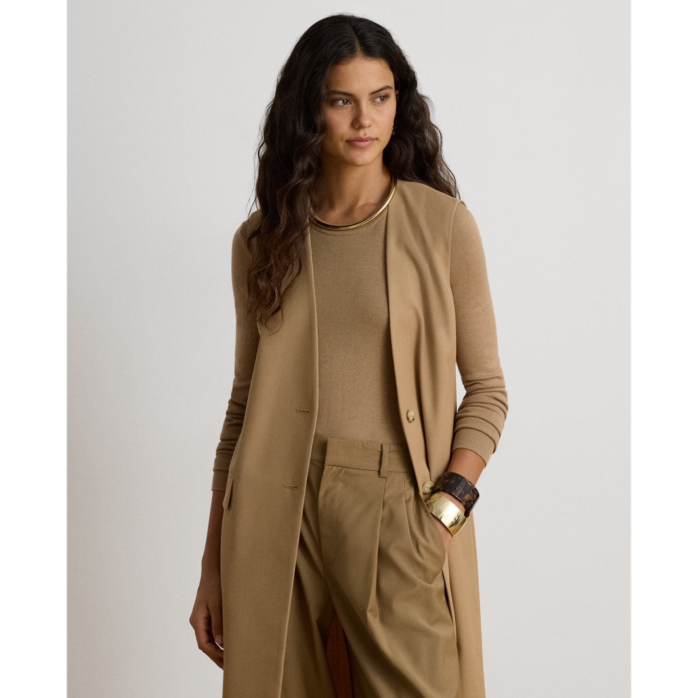 Женский жилет Ralph Lauren Wool-Blend Twill Longline, цвет: Верблюжий — фото 1