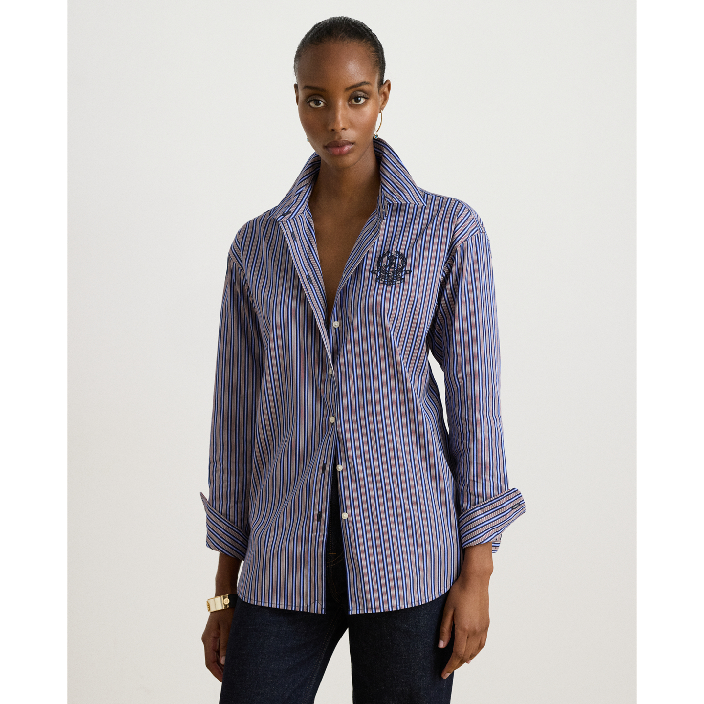 Женская рубашка Ralph Lauren Relaxed Fit Striped Broadcloth, цвет: Тёмно-синий / Оранжевый разноцветный — фото 5