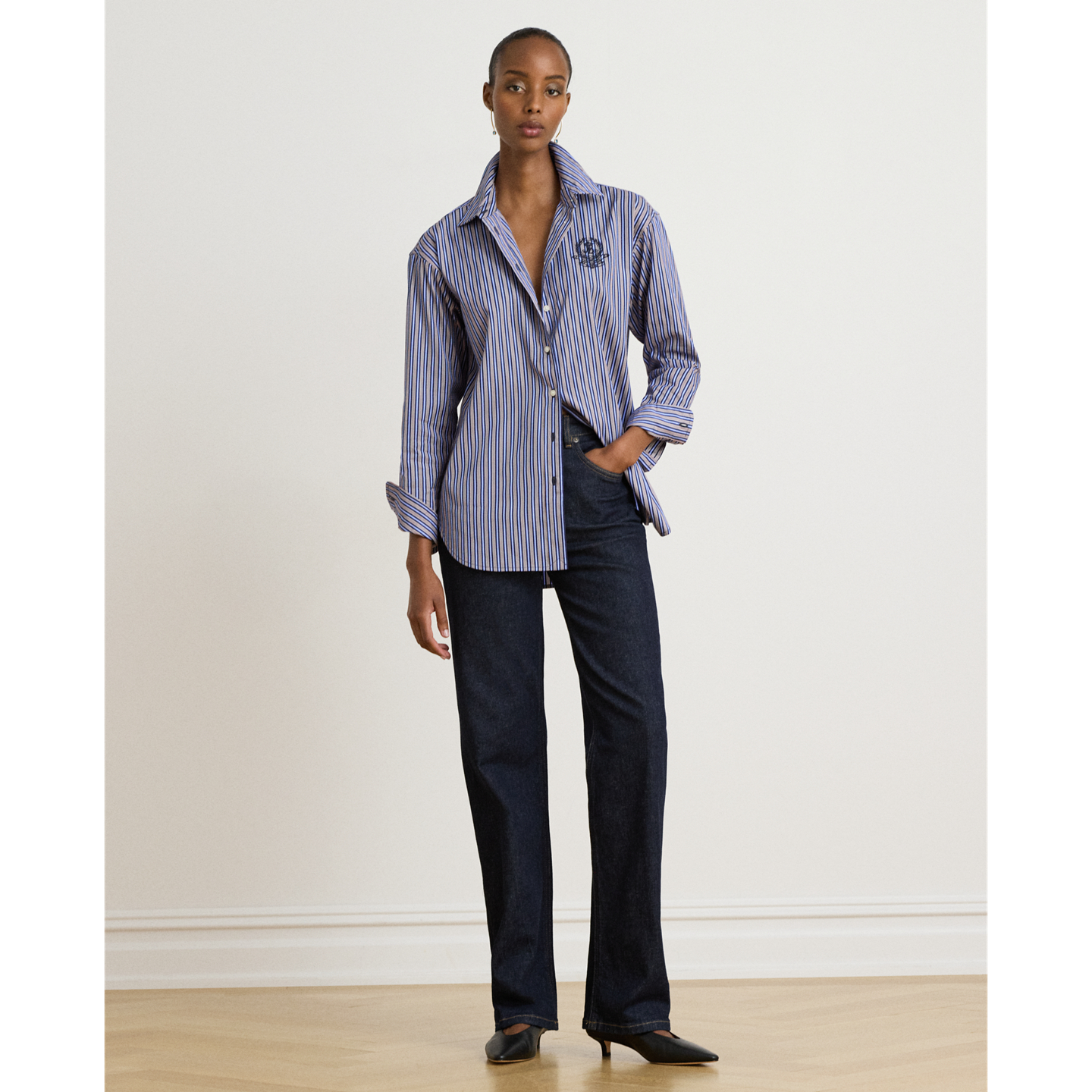 Женская рубашка Ralph Lauren Relaxed Fit Striped Broadcloth, цвет: Тёмно-синий / Оранжевый разноцветный — фото 4