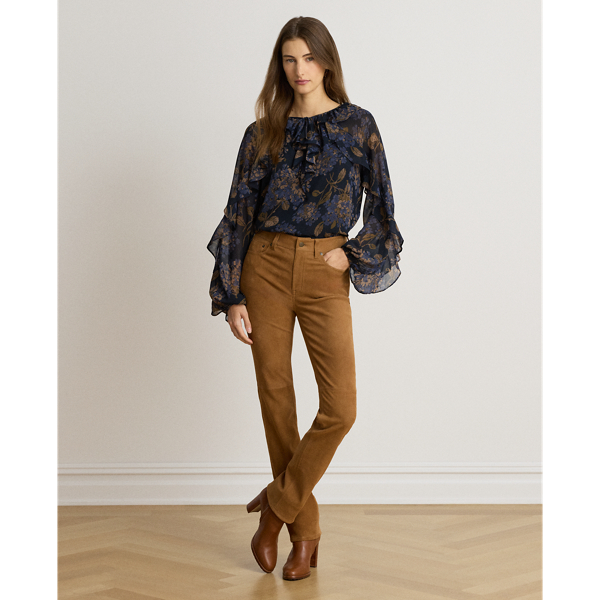 Floral Ruffle-Trim Georgette Blouse