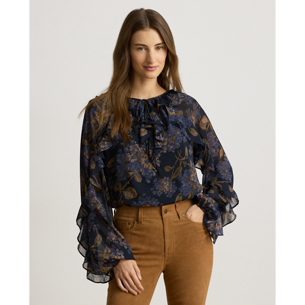 Floral Ruffle-Trim Georgette Blouse