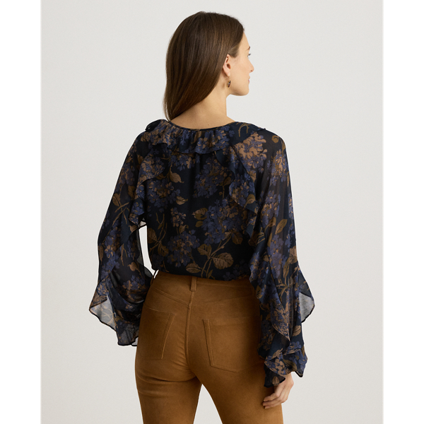 Floral Ruffle-Trim Georgette Blouse