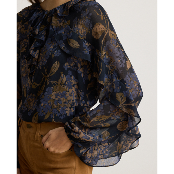 Floral Ruffle-Trim Georgette Blouse