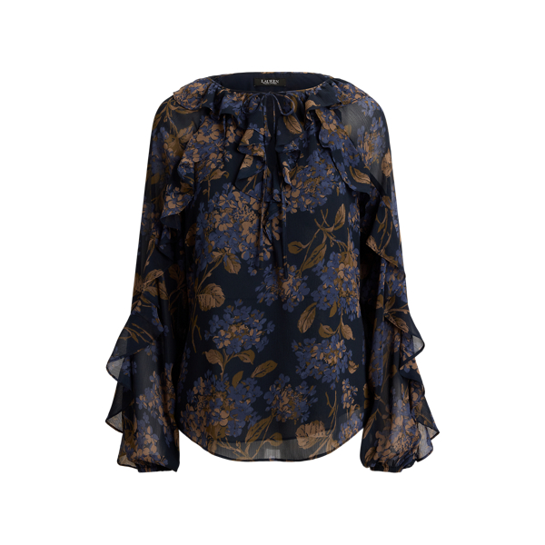 Floral Ruffle-Trim Georgette Blouse