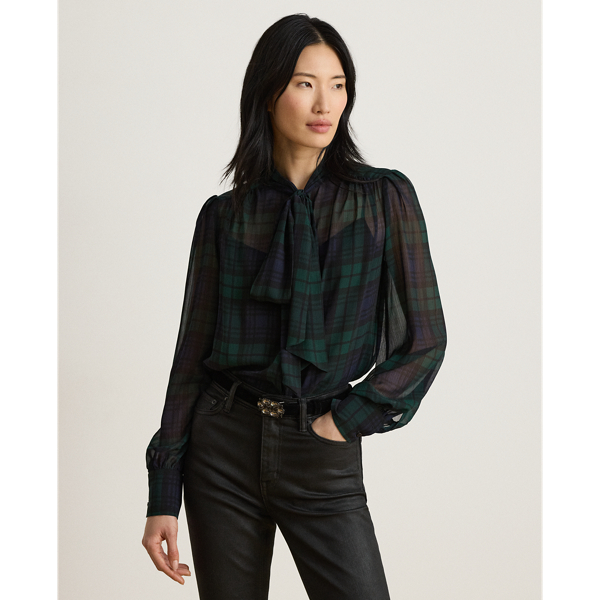 Black Watch Georgette Tie-Neck Blouse