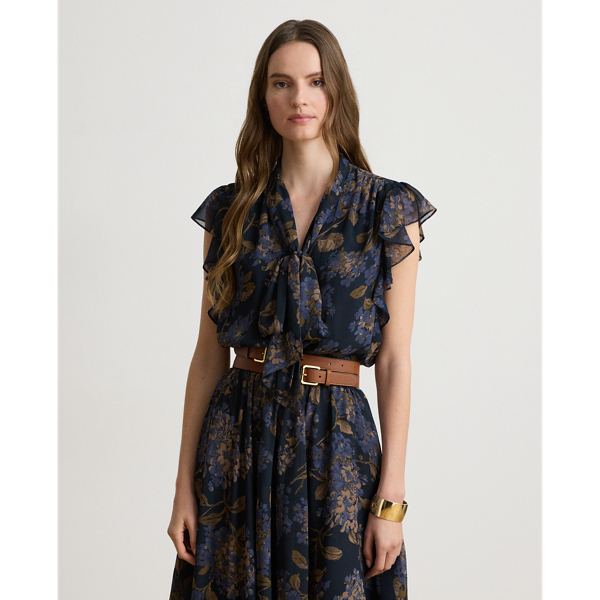 Navy Multi Floral Crinkle Georgette Tie-Neck Dress Lauren Petite 4