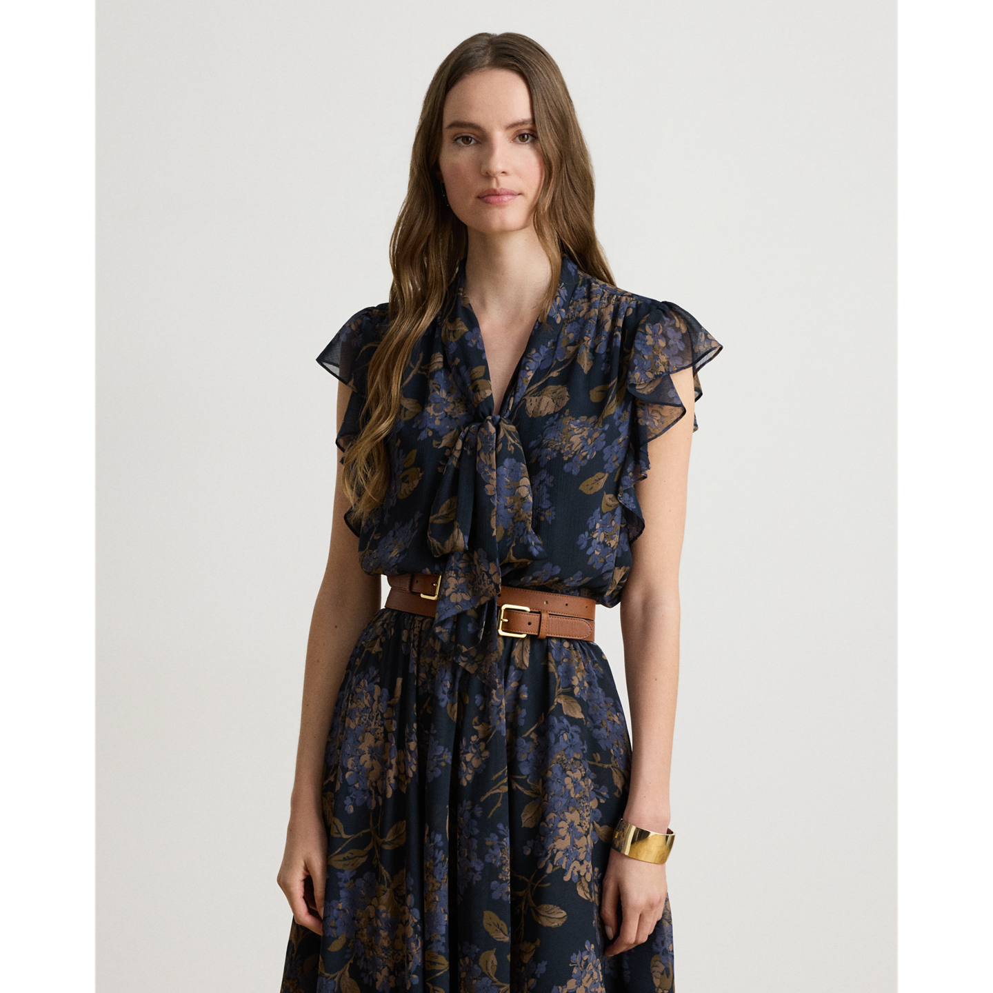 Женское платье Ralph Lauren Floral Crinkle Georgette Tie-Neck, цвет: Тёмно-синий разноцветный — фото 1