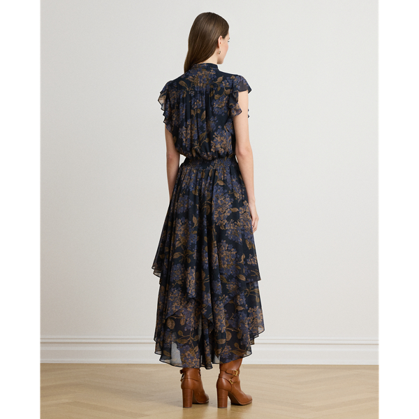 Navy Multi Floral Crinkle Georgette Tie-Neck Dress Lauren Petite 5