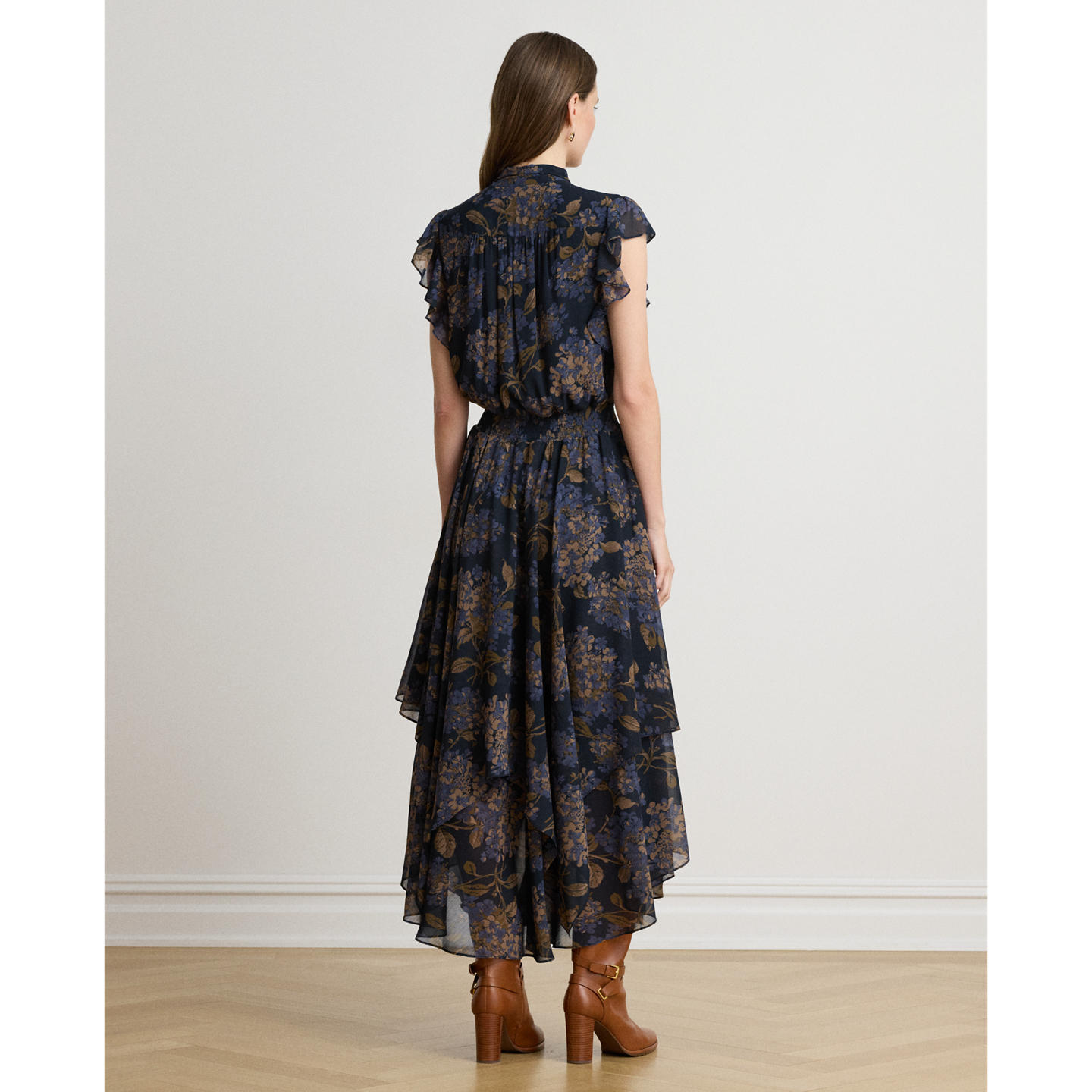 Женское платье Ralph Lauren Floral Crinkle Georgette Tie-Neck, цвет: Тёмно-синий разноцветный — фото 2