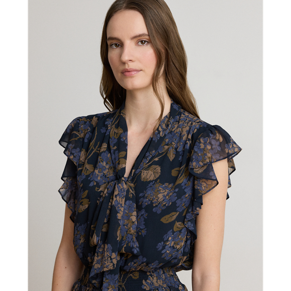Navy Multi Floral Crinkle Georgette Tie-Neck Dress Lauren Petite 6