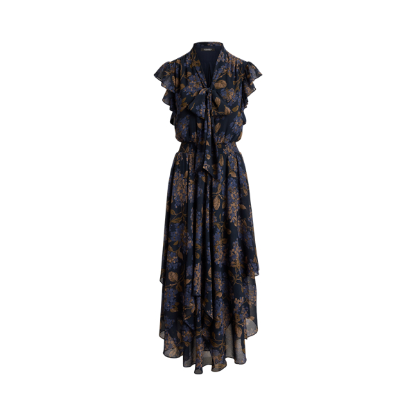 Navy Multi Floral Crinkle Georgette Tie-Neck Dress Lauren Petite 2