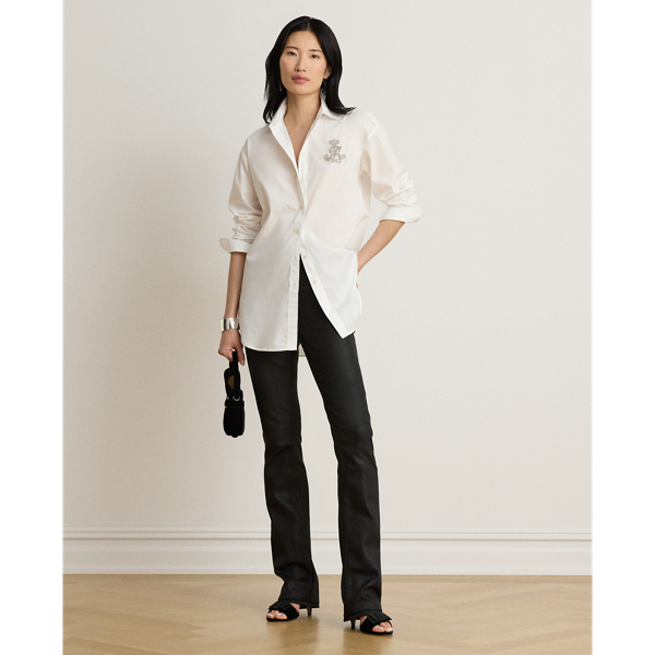 White Relaxed Fit Rhinestone-Bullion Shirt Lauren Petite 4