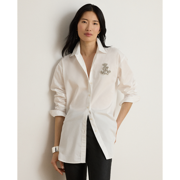 White Relaxed Fit Rhinestone-Bullion Shirt Lauren Petite 1