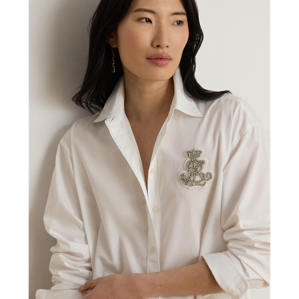 White Relaxed Fit Rhinestone-Bullion Shirt Lauren Petite 6