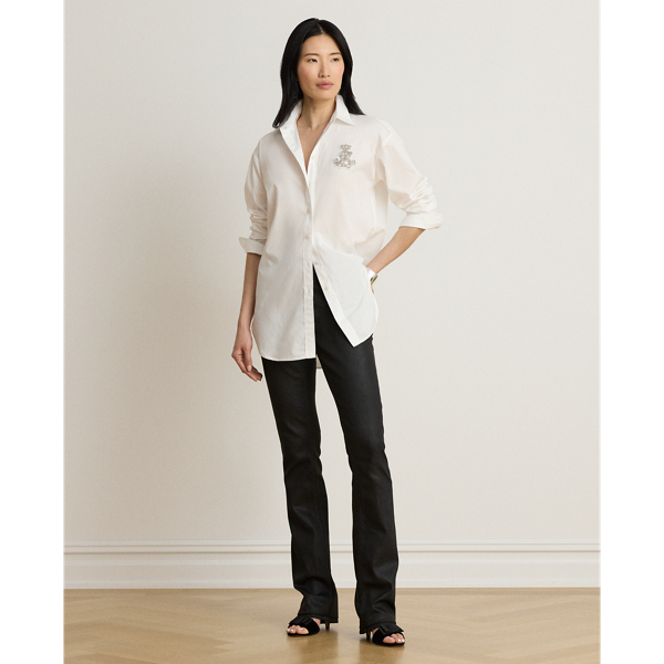 White Relaxed Fit Rhinestone-Bullion Shirt Lauren Petite 7