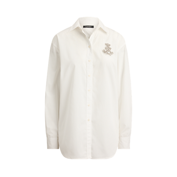 White Relaxed Fit Rhinestone-Bullion Shirt Lauren Petite 2