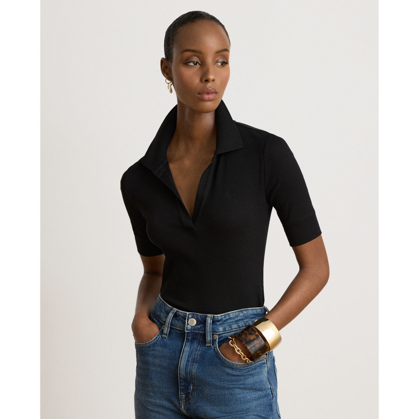 Женский топ Ralph Lauren Jersey Elbow-Sleeve Collared, цвет: Чёрный — фото 4