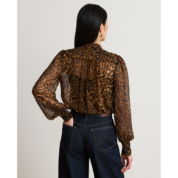Tan Multi Ocelot-Print Chiffon Tie-Neck Blouse Lauren Petite 5