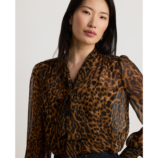 Tan Multi Ocelot-Print Chiffon Tie-Neck Blouse Lauren Petite 6