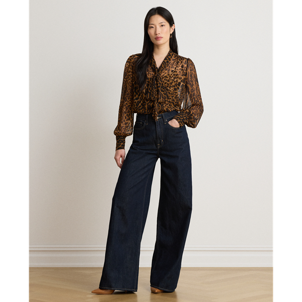 Tan Multi Ocelot-Print Chiffon Tie-Neck Blouse Lauren Petite 8