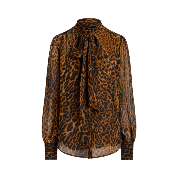 Tan Multi Ocelot-Print Chiffon Tie-Neck Blouse Lauren Petite 2