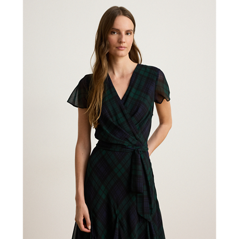 Женское платье Ralph Lauren Black Watch Georgette Surplice, цвет: Тёмно-синий / Зелёный