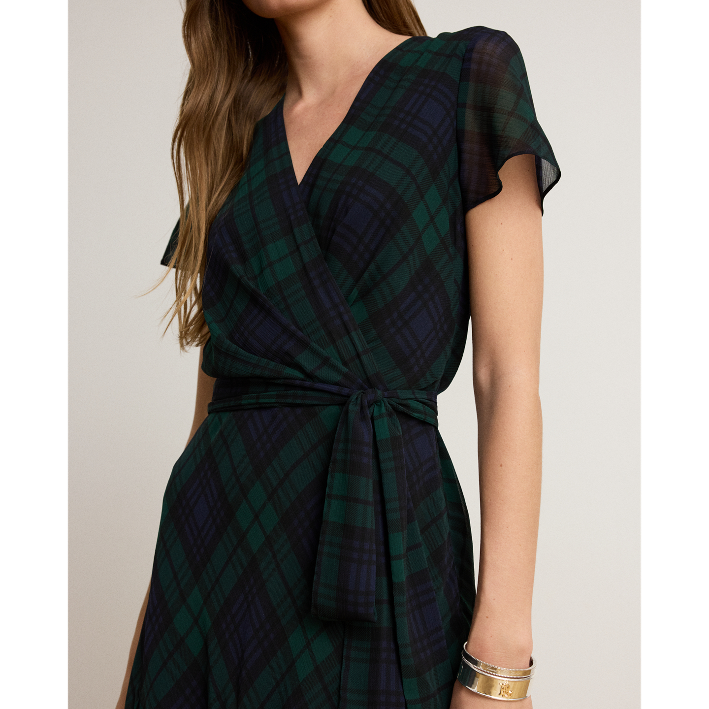 Женское платье Ralph Lauren Black Watch Georgette Surplice, цвет: Тёмно-синий / Зелёный — фото 3