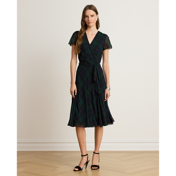 Black Watch Georgette Surplice Dress