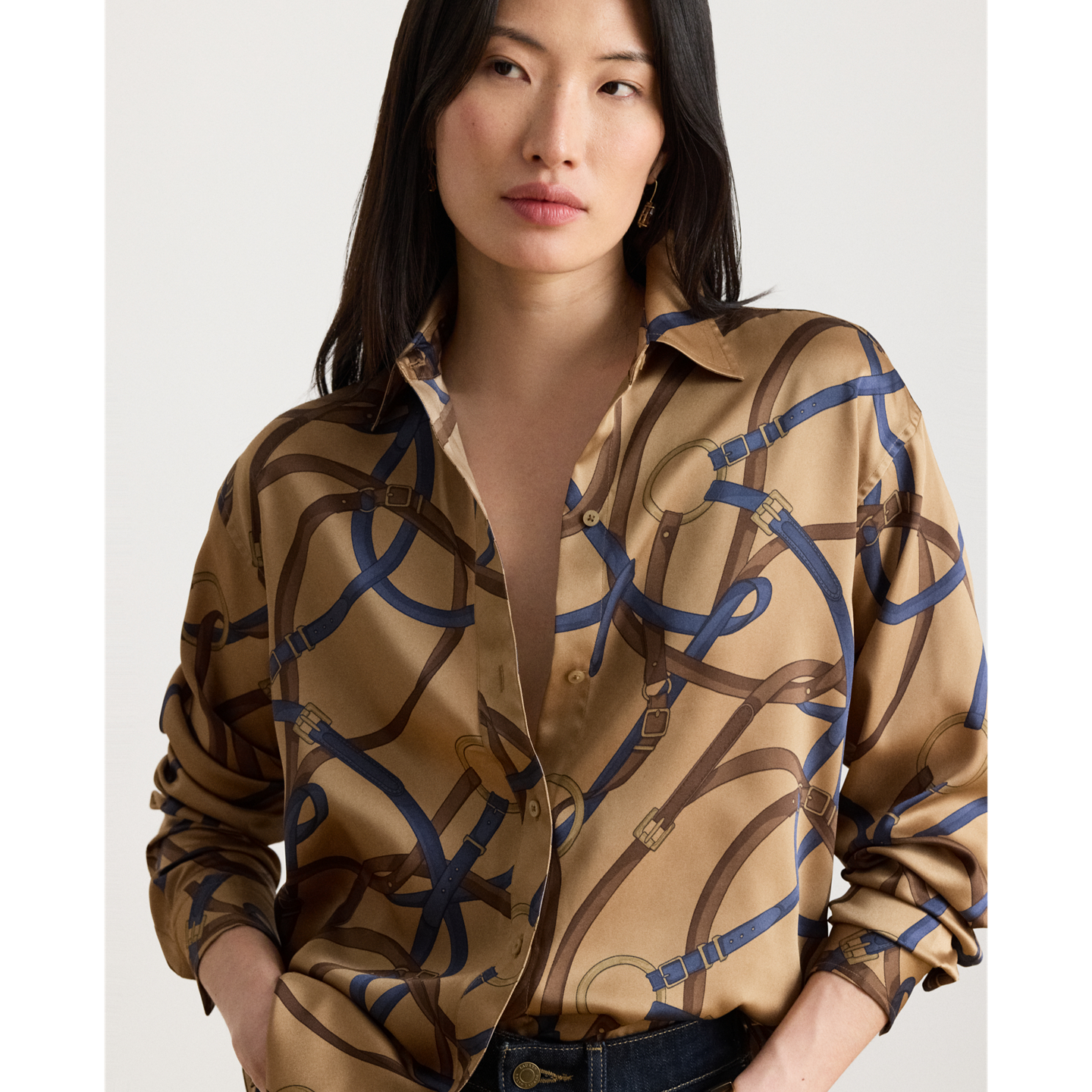 Женская рубашка Ralph Lauren Relaxed Fit Belting-Print Twill, цвет: Верблюжий разноцветный — фото 3