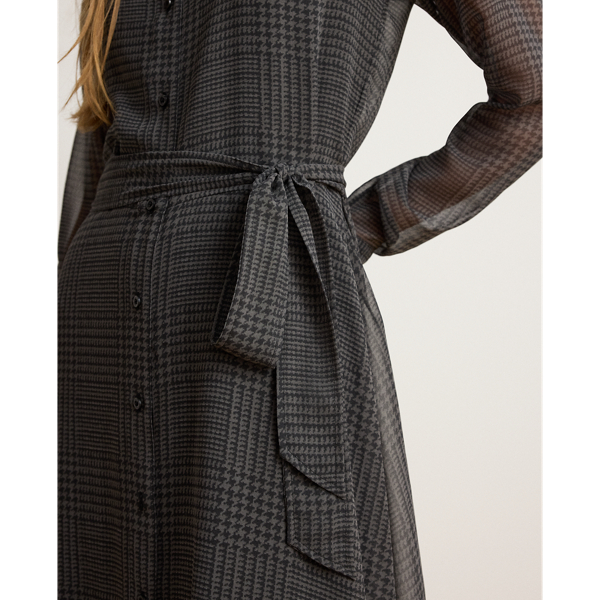 Glen Plaid Belted Chiffon Shirtdress