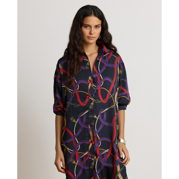 Belting-Print Twill Midi Shirtdress