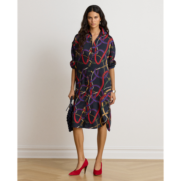 Belting-Print Twill Midi Shirtdress